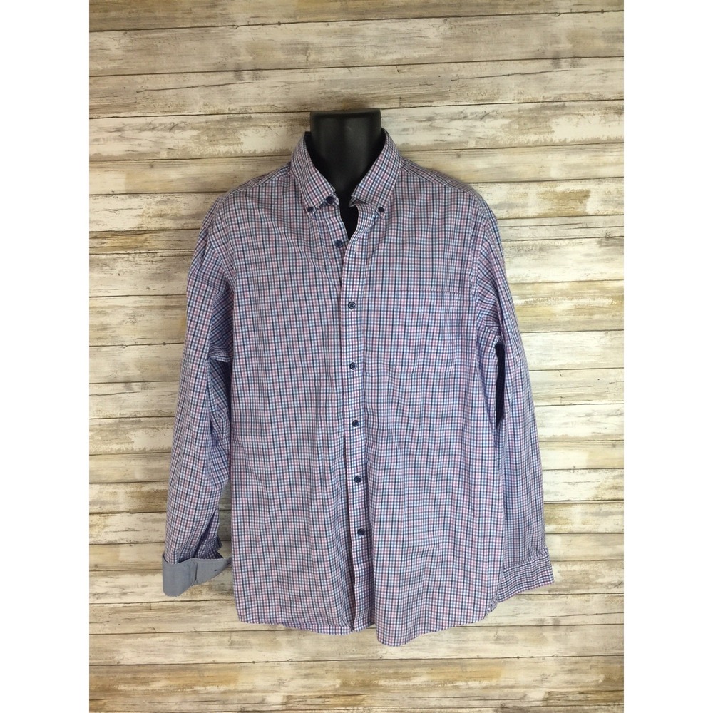 Buttoned‎ Down Shirt Men's Long Sleeve Casual Checkered Plaid Gingham XL Blue
